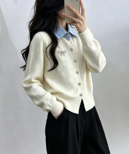 배색 연령 감소 베이비 칼라 니트 오픈 가디건 여성 짧은 맨위