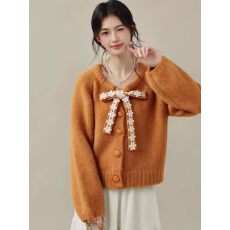 批发甜妹风蝴蝶结蕾丝花边绑带开衫毛衣女秋冬季软糯宽松百搭减龄上衣