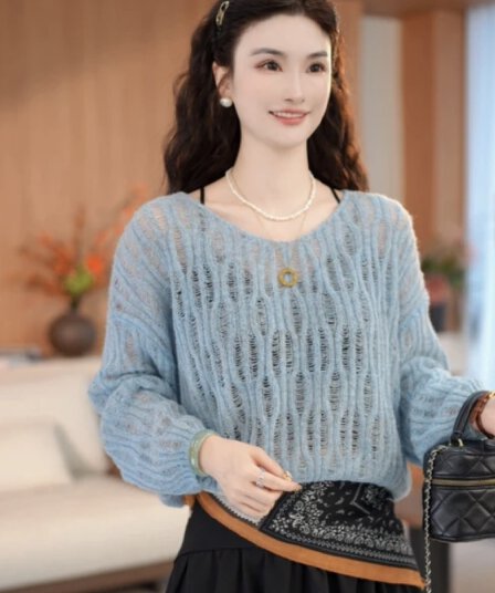 청 청 맞춤 이른 가을 새로운 V넥 패션 홀로우 아웃 루즈핏 느긋한 슬림해 보이는 다용도 외국 가스 니트 블라우스