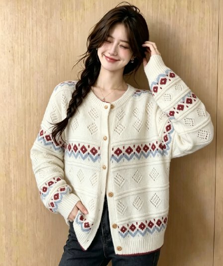 프랑스식 레트로 공정한 섬 자카드 라운드 넥 루즈핏 니트 오픈 가디건