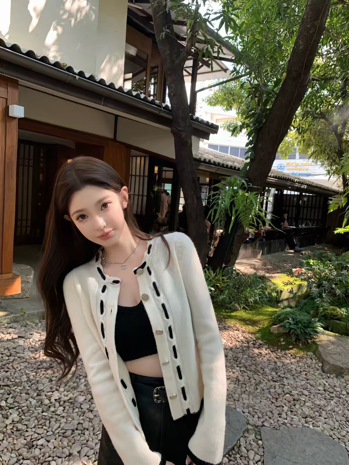 BY32209# 穿绳设计小香绵羊毛基础百搭黑白拼色针织开衫外套 服裝批發女裝批發服飾貨源