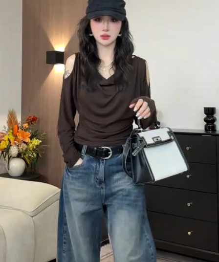 한 부서 패션 외국 가스 커피 색상 오프숄더 긴팔 티셔츠 2026 이른 가을 새로운