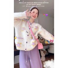 批发法式复古<b class='q'>花朵</b>撞色毛衣<b class='q'>外套</b>女早秋新款甜美温柔风减龄针织开衫上衣