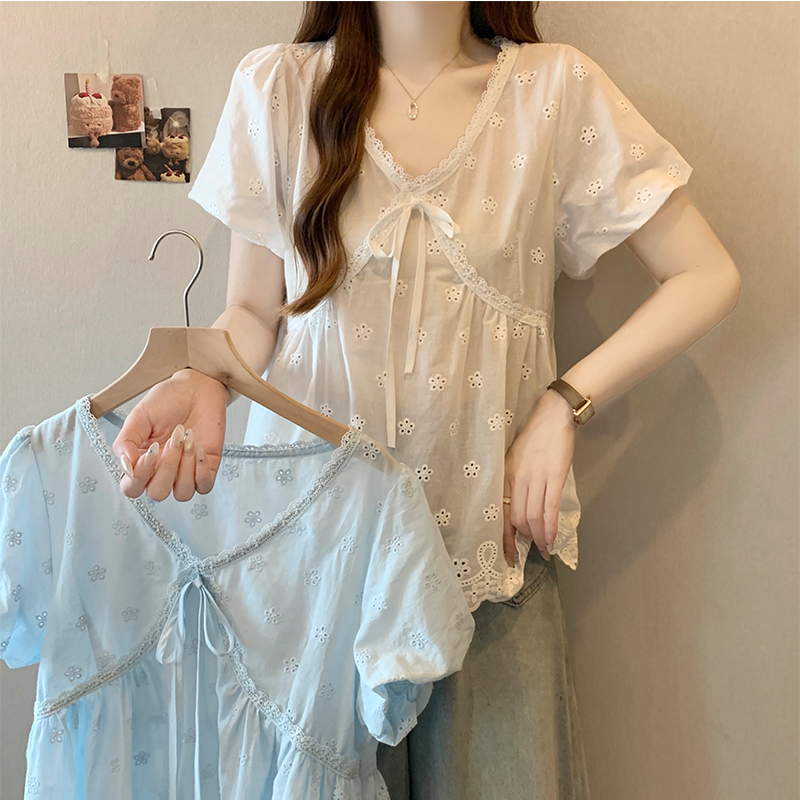 달콤한 자매 바람 레이스 측면 자수 거품 소매 여성 셔츠 여름 레이스업 인형 셔츠 프랑스식 표지 배 쉬폰 톱