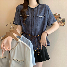 批发冷淡风垂感高级蓝色衬衫女设计感宽松复古雪纺<b class='q'>上衣</b>内搭叠穿蓝衬衣