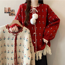 批发宽松慵懒风流苏红色针织<b class='q'>开衫</b>女秋冬大码胖mm超好看中长款毛衣外套