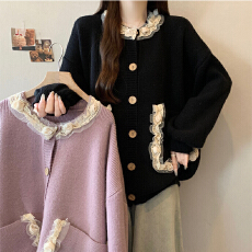 批发可爱小清新风红色针织开衫秋冬大码<b class='q'>蕾丝</b>花边装饰宽松百搭毛衣外套