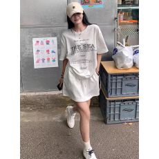 批发<b class='q'>韩版</b>休闲运动风套装女夏季宽松减龄抽绳短袖包臀A字短裙两件套潮