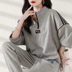 批发时尚休闲<b class='q'>运动服</b>套装女<b class='q'>夏季</b>2025款韩版宽松灰色卫衣卫裤跑步两件套