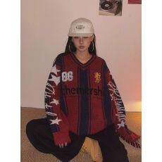 批发【纯<b class='q'>北极</b><b class='q'>绒</b>高质量美式复古提花刺绣V领毛衣男女秋冬宽松针织上衣