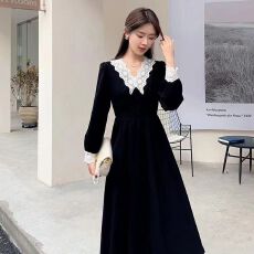 批发大码女装冬季新款丝绒国<b class='q'>风</b>连衣裙显瘦<b class='q'>赫本</b>黑裙长袖外穿公主蕾丝裙