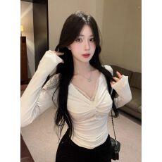 批发人棉磨毛纯欲辣妹性感v领上衣女秋冬假两件长袖<b class='q'>t</b><b class='q'>恤</b>加绒蕾丝打底衫