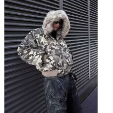 批发美式水洗迷彩毛领连帽夹克棉服2024冬季加厚座山雕<b class='q'>外套</b>男女