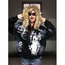 批发【高质量复合380g毛领发财连帽<b class='q'>卫衣</b>女秋冬慵懒风拉链<b class='q'>开衫</b>外套情侣