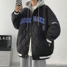 批发美式假两件连帽棉服<b class='q'>外套</b><b class='q'>男士</b>宽松秋冬新款棒球服百搭学生情侣<b class='q'>夹克</b>