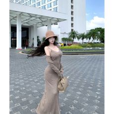 批发复古性感时尚套装裙女秋季新款长袖开衫外套V领<b class='q'>吊带</b><b class='q'>连衣裙</b>两件套