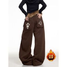 批发【毛领可拆立体口袋带拉链加绒】加绒男女秋冬宽松<b class='q'>休闲裤</b>阔腿长裤