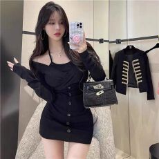 批发假两件辣妹一字肩吊带<b class='q'>连衣裙</b>女2025年春秋新款紧身显瘦性感包臀裙