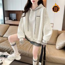 批发加绒卫衣女秋冬新款<b class='q'>韩版</b>时尚学院风格子拼接连帽上衣ins
