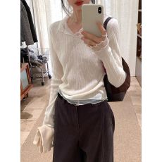 批发原版坑条240克韩系<b class='q'>网纱</b>拼接V领长袖打底衫女上衣