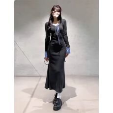 批发韩系格纹<b class='q'>拼接</b>v领针织<b class='q'>连衣裙</b>子女春秋冬季新款气质收腰包臀长裙子