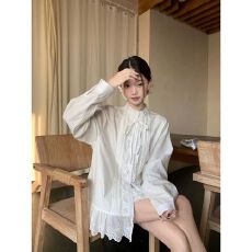 批发蕾丝花边拼接立领<b class='q'>长袖</b><b class='q'>衬衫</b>女2025年秋季新款甜美法式减龄绑带上衣