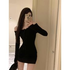 批发一字肩黑色长袖连衣裙女秋冬内搭裙紧身弹力包臀裙子收腰修身短裙