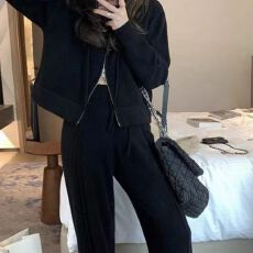 批发时尚运动套装女秋冬新款休闲连帽开衫卫衣阔腿裤两件套潮#