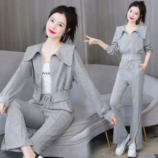 批发时尚休闲运动套装女<b class='q'>短款</b>开衫<b class='q'>卫衣</b>高腰阔腿喇叭裤两件套潮#