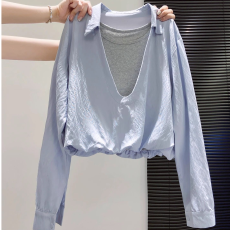 批发设计感拼接<b class='q'>假两件</b>长袖<b class='q'>衬衫</b>女2025早秋新款V领宽松显瘦气质小上衣