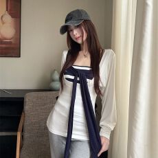 白色u领长袖T恤女早秋慵懒风紧身收腰罩衫叠穿条纹抹胸上衣两件套