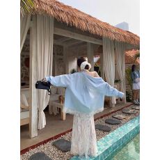 批发原版面料 蕾丝拼接<b class='q'>长袖</b>衬衫女装春季polo领设计感度假风<b class='q'>外套</b>上衣