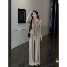 批发温柔风毛毛V领长袖上衣+高腰宽松阔腿裤百搭休闲裤套装女