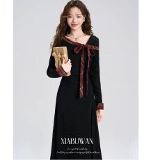 批发法式赫本风<b class='q'>复古</b>针织连衣裙女春秋季新款修身显瘦打底内搭<b class='q'>长裙</b>子