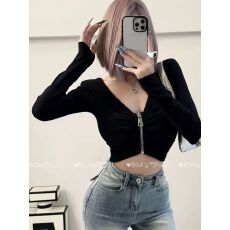 批发纯欲辣妹性感v领短款上衣女秋冬红色长袖t恤打底衫内搭巨好看绝美