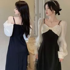 批发2026赫本风假两件裙子新款法高级感蝴蝶结撞色拼接吊带<b class='q'>连衣裙</b><b class='q'>露肩</b>