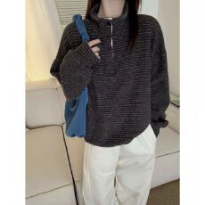 批发【原版<b class='q'>兔毛</b>质量】条纹立领软糯<b class='q'>兔毛</b>绒卫衣女2025秋冬新款宽松长袖