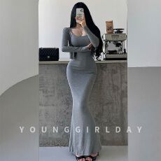 批发YoungGirlDay卡戴珊性感包臀鱼尾吊带连衣裙拖地长裙长袖开衫套装