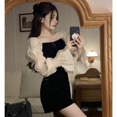 批发法式气质名媛抹胸小黑裙女轻奢泡泡袖小礼裙甜辣风性感显瘦<b class='q'>连衣裙</b>
