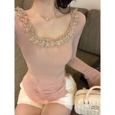 批发大码女装奶呼呼软糯蕾丝花边拼接长袖打底<b class='q'>修身</b>显瘦气质内搭上衣