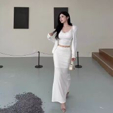 批发春秋新款蕾丝拼接吊带背心女装长袖开衫秋季修身<b class='q'>包臀</b>半身裙三件套