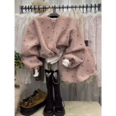 批发韩系俏皮波点羊羔毛套装<b class='q'>女</b>圆领抽绳保暖<b class='q'>卫衣</b>+显瘦包臀短裙短裙潮