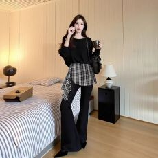 批发港味休闲时尚套装<b class='q'>女</b>秋冬新款斜肩长袖上衣<b class='q'>卫衣</b>微喇长裤两件套<b class='q'>女</b>