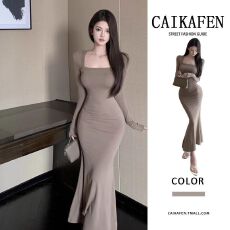 批发纯欲性感方领<b class='q'>长袖</b>连衣裙紧身收腰显瘦包臀中长裙内搭打底鱼尾裙子