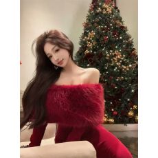 批发新款轻奢高级优雅千金气质一字肩长裙<b class='q'>大码</b>MM名媛晚礼服红色<b class='q'>连衣裙</b>