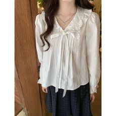 法式娃娃领设计感长袖白色荷叶百搭蕾丝拼接秋季系带衬衣减龄上衣