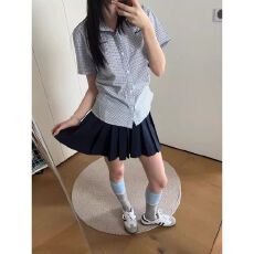 美式蓝色格子正肩短袖衬衫女夏季修身收腰短款掐腰设计感衬衣上衣