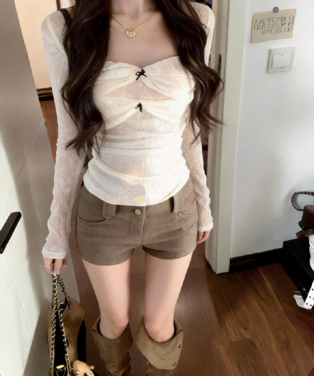 망사 원단 나비 매듭 긴팔 티셔츠 몸매 가꾸기 허리 수축 광장 칼라 맨위