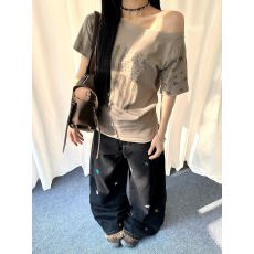 批发【面料40支纯棉95棉】T恤女上衣ins印花夏季慵懒风<b class='q'>短款</b>斜肩短袖