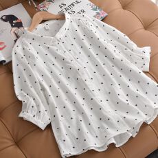 批发翻领纯棉波点衬衫女夏季五分袖宽松文艺<b class='q'>甜美</b>百搭休闲双层棉纱上衣